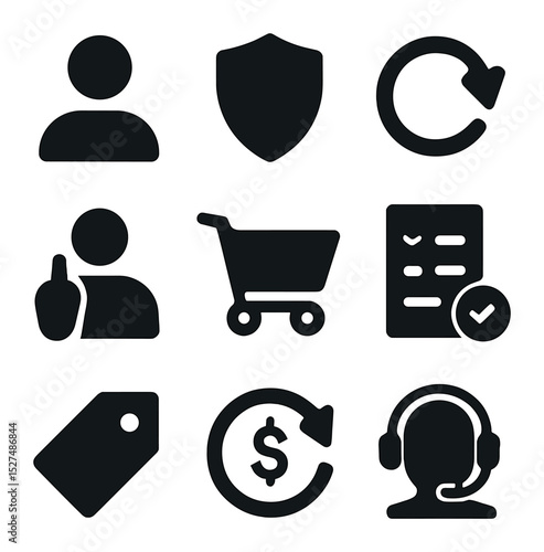 Customer Support Icons. Solid, filled icons set of customer support and rights: consumer icon, shield icon,