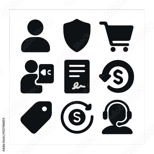 Consumer Advocacy Icons. Solid, filled icons set of consumer advocacy and fairness: consumer icon, shield icon