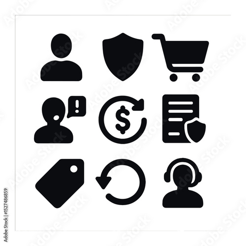 Secure Shopping Icons. Solid, filled icons set of secure consumer experience: consumer icon, shield icon,