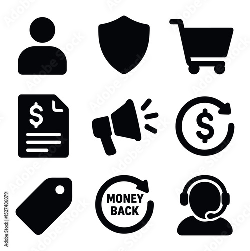 Customer Protection Icons. Solid, filled icons set of customer protection initiatives: consumer icon, shield