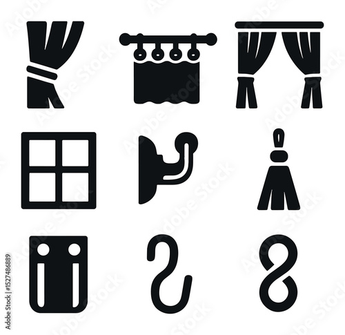 Decorative Window Icons. Solid, filled icons set of decorative window treatments: curtain tieback icon,