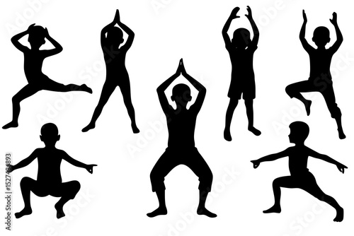 Silhouettes of children performing various yoga poses