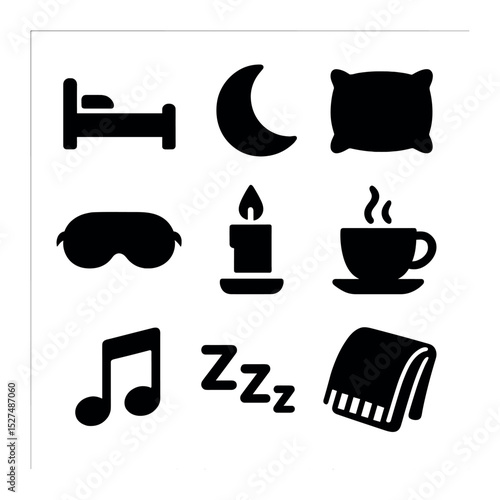 Night Routine Icons. Solid, filled icons set of calm and cozy night routine: bed icon, moon icon, pillow icon,