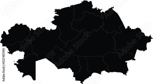 black silhouette map of kazakhstan with regional borders isolated on white background for graphic or print design use

