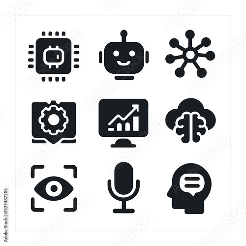 Intelligent Automation Icons. Solid, filled icons set of intelligent automation tools: AI chip, chatbot icon,