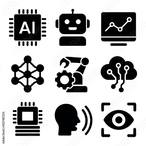 Smart AI Utility Icons. Solid, filled icons set of smart AI utilities: AI chip, chatbot icon, data graph,