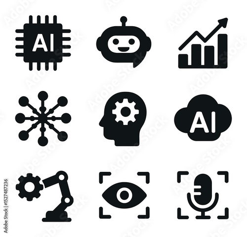 Smart AI Icons Grid. Solid, filled icons set of smart digital AI platforms: AI chip, chatbot icon, data