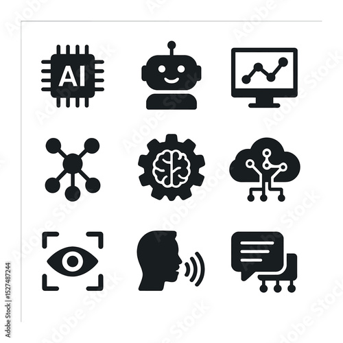 AI Tool Icons. Solid, filled icons set of intelligent data tools: AI chip, chatbot icon, data analytics,