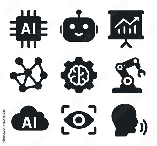 AI Systems Icon Set. Solid, filled icons set of future-ready AI systems: AI chip, chatbot icon, data analytics