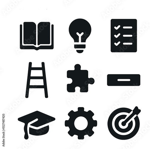 Skill Journey Icons. Solid, filled icons set of skill acquisition journey: book icon, lightbulb icon,