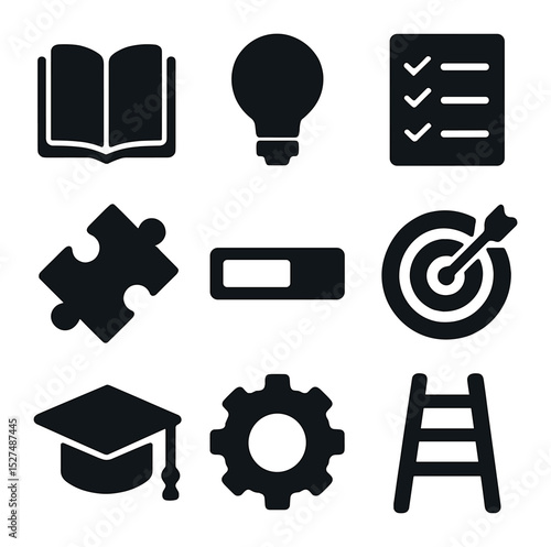 Professional Development Icons. Solid, filled icons set of professional development: book icon, lightbulb icon