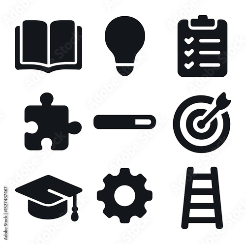 Lifelong Learning Icons. Solid, filled icons set of lifelong learning: book icon, lightbulb icon, checklist