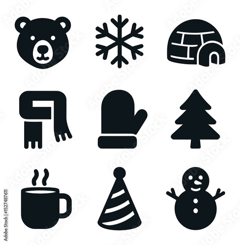 Winter Icons Grid. Solid, filled icons set of wintertime animal bash: polar bear icon, snowflake, igloo, scarf