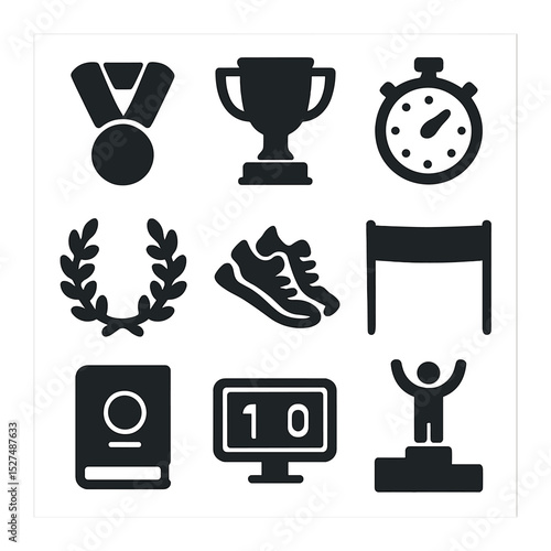 Sports Achievement Icons. Solid, filled icons set of sporting milestones: gold medal, trophy, stopwatch,
