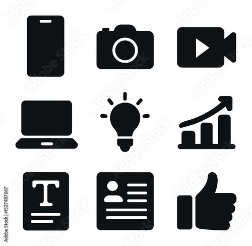 Influencer Tools Icons. Solid, filled icons set of influencer content creation: smartphone icon, camera icon,