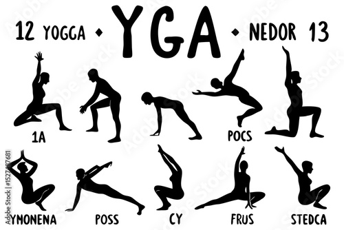 Twelve yoga poses silhouettes and names