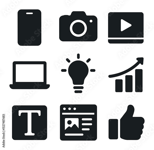 Dynamic Marketing Icons. Solid, filled icons set of dynamic digital marketing: smartphone icon, camera icon,