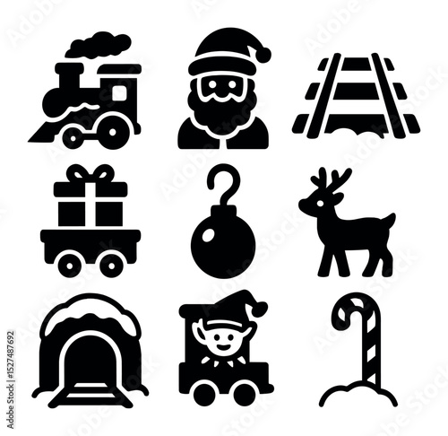 Festive Train Icons Grid. Solid, filled icons set of holiday train decorations: festive engine, Santa