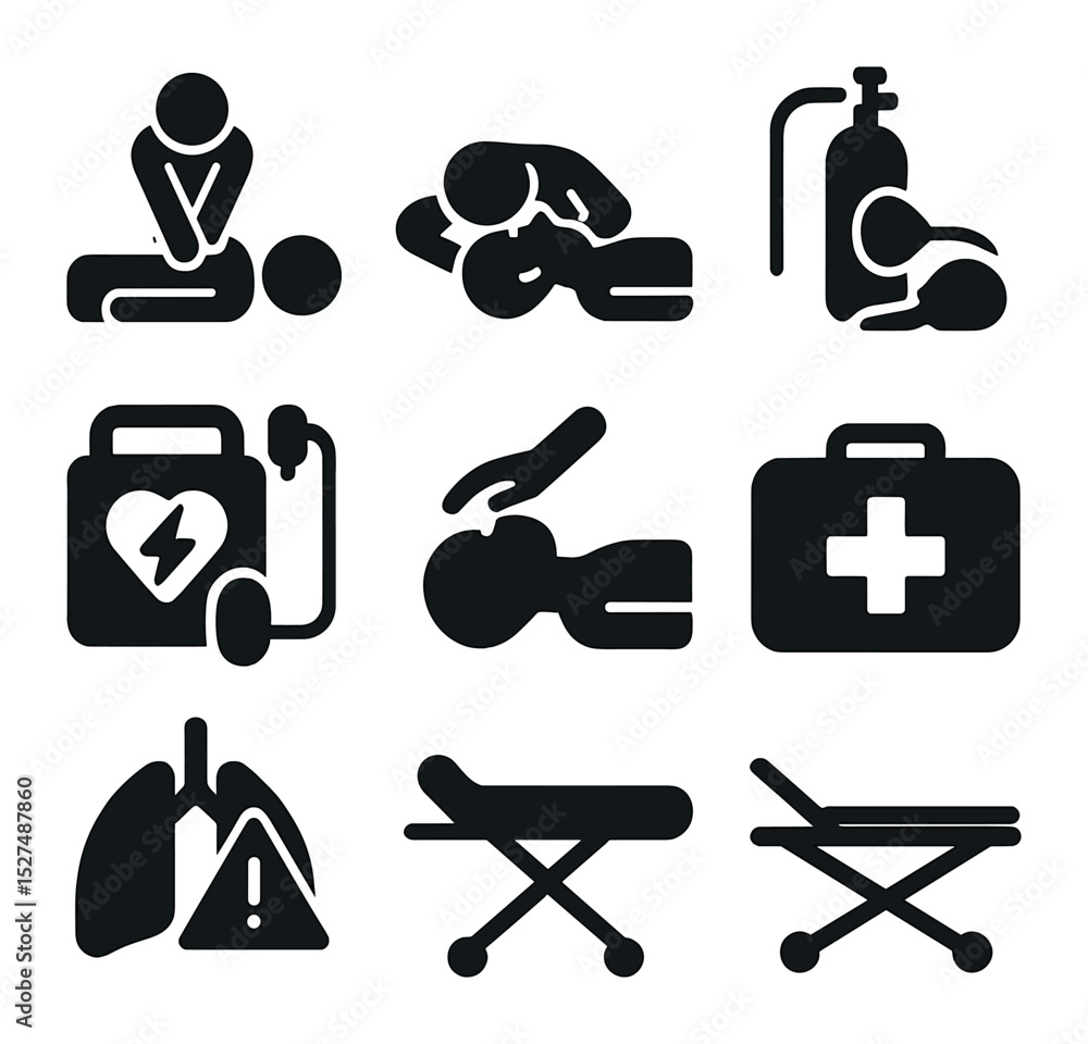 Emergency Icons Grid. Solid, filled icons set of emergency breathing support: CPR icon, mouth-to-mouth, rescue Emergency Icons Grid. Solid, filled icons set of emergency breathing support: CPR icon, mouth-to-mouth, rescue