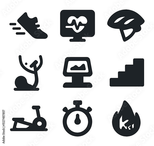 Cardio Training Icons. Solid, filled icons set of cardio training: sprinting shoe, heartbeat monitor, cycling