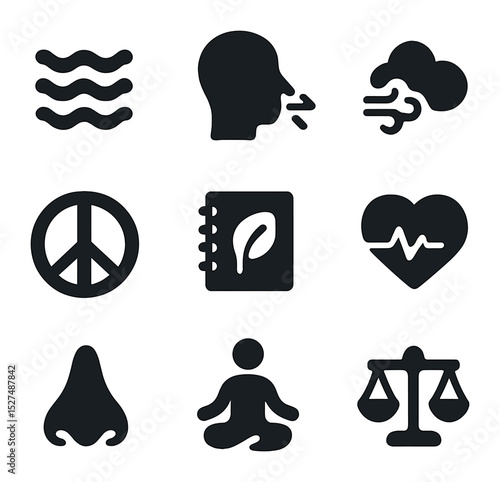 Stress Relief Icons. Solid, filled icons set of breathing and stress relief: calm waves, deep inhale, exhale