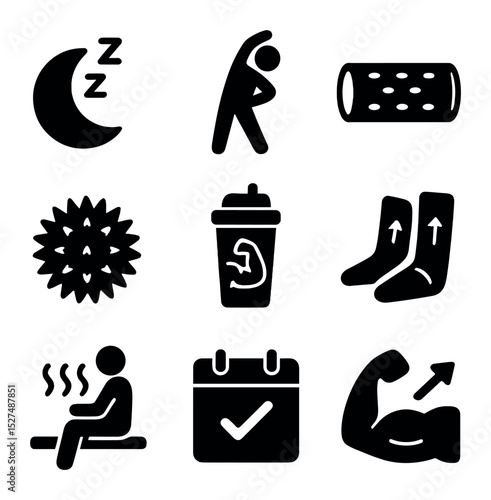 Recovery Icons Set. Solid, filled icons set of recovery and rest: sleep icon, stretching pose, foam roller,