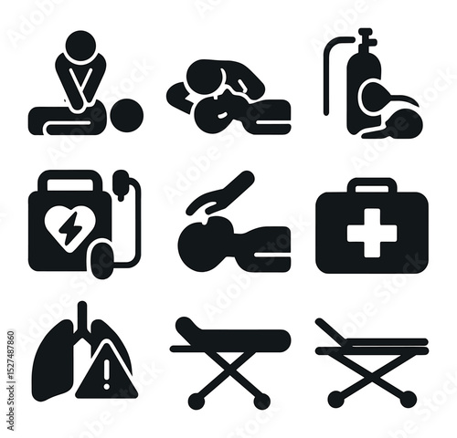 Emergency Icons Grid. Solid, filled icons set of emergency breathing support: CPR icon, mouth-to-mouth, rescue