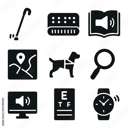 Visual Impairment Assistance Icons. Solid, filled icons set of visual impairment assistance: cane with sensor,