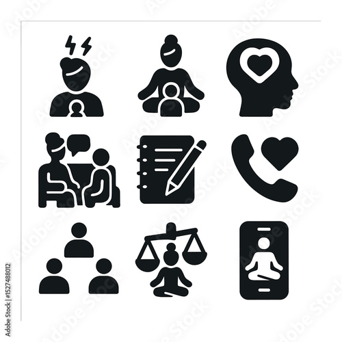 Mental Health Icons. Solid, filled icons set of mental health support for caregivers: stress icon, relaxation