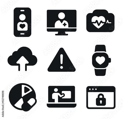 Digital Caregiving Icons. Solid, filled icons set of digital caregiving tools: caregiver app, telehealth