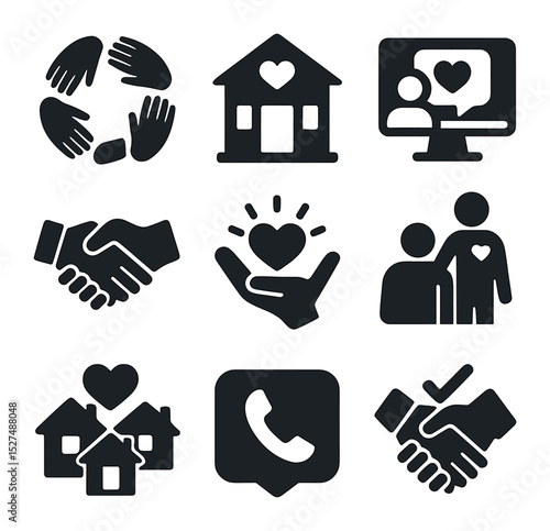 Care Support Icons. Solid, filled icons set of support networks for caregivers: hands circle, community center