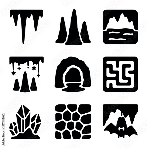 Cave Icons Collection. Solid, filled icons set of cave systems and subterranean geology: stalactites,