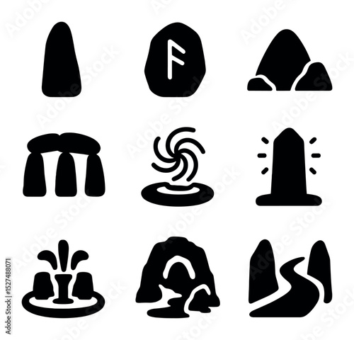 Mystical Stone Icons. Solid, filled icons set of mystical stone sites and natural monuments: standing stone,