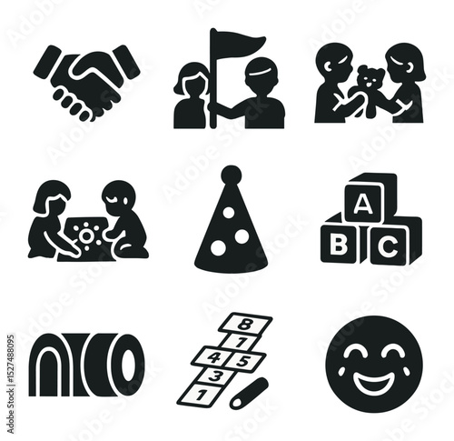 Childhood Bonding Icons. Solid, filled icons set of childhood friendships and bonding: handshake, team flag,