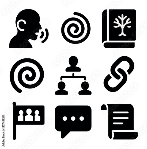 Oral History Icons. Solid, filled icons set of oral history symbols: speaking elder, echo wave, wisdom book,