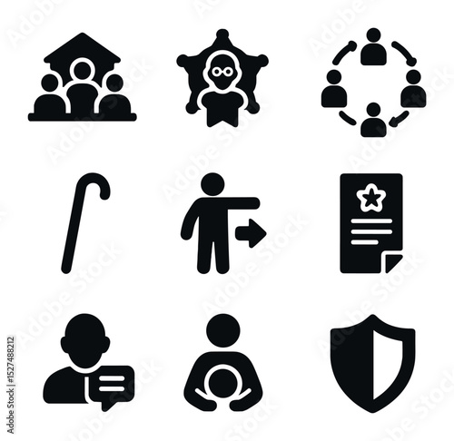 Local Leadership Icons. Solid, filled icons set of local leadership and guidance: village council, elder badge