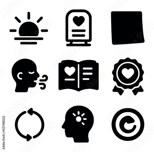 Daily Affirmation Icons. Solid, filled icons set of daily affirmation practices: morning sun, mirror with