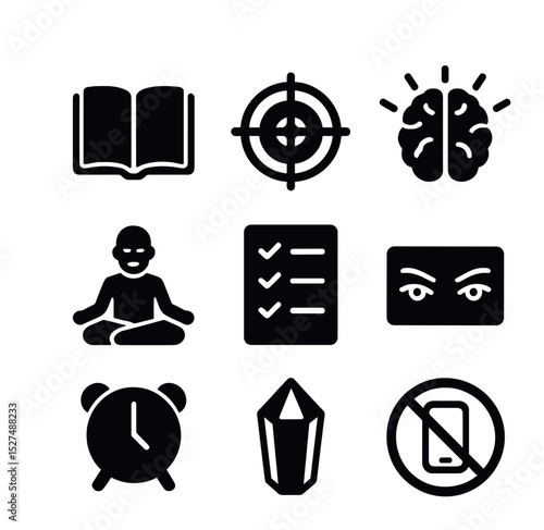 Mental Clarity Icons. Solid, filled icons set of mental clarity and focus: open book, target icon, brain with