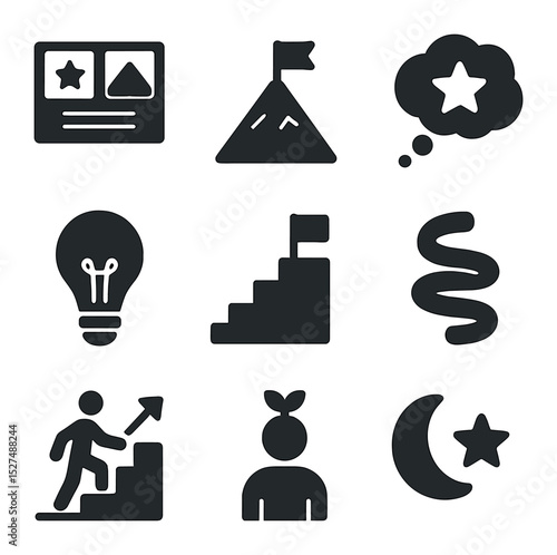Goal Icons Grid. Solid, filled icons set of goal visualization and mindset: vision board, mountain peak, goal