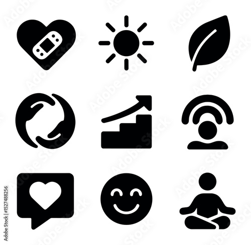 Healing Icon Grid. Solid, filled icons set of affirmations for healing and recovery: heart bandage, healing