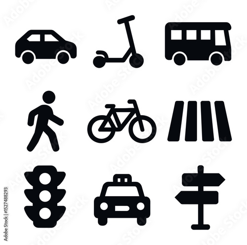 Urban Mobility Icons. Solid, filled icons set of urban mobility and transport: compact car, electric scooter,