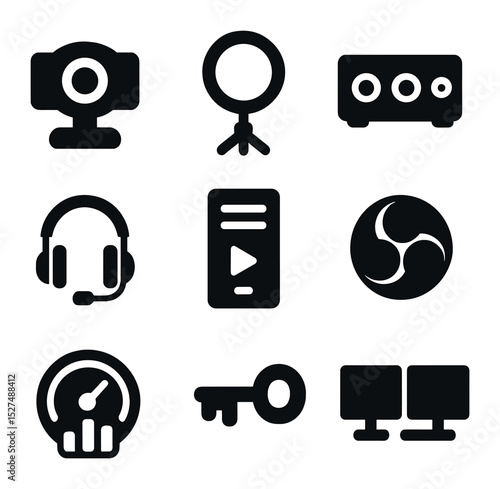 Live Streaming Icons. Solid, filled icons set of live streaming equipment: webcam, ring light, audio interface