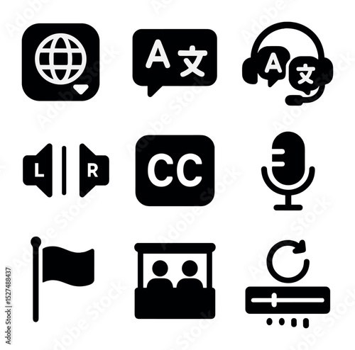 Multilingual Broadcasting Icons. Solid, filled icons set of multilingual broadcasting: language selector,