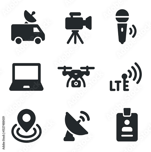 Broadcast Equipment Icons. Solid, filled icons set of remote broadcast setups: mobile broadcast van, camera