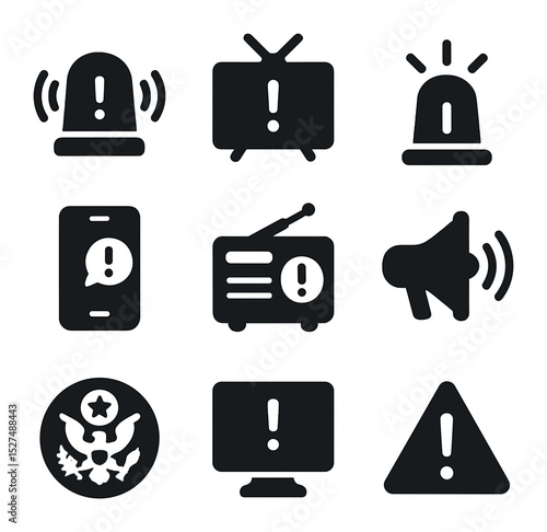 Emergency Icon Grid. Solid, filled icons set of emergency broadcasting systems: alert siren, emergency