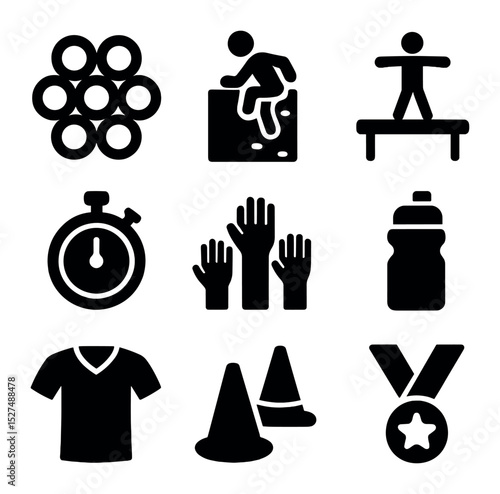 Obstacle Course Icons. Solid, filled icons set of group obstacle course challenge: tire obstacle, wall climb,