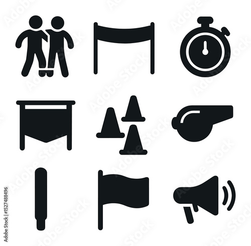 School Field Day Icons. Solid, filled icons set of school field day games: three-legged race, finish line tape