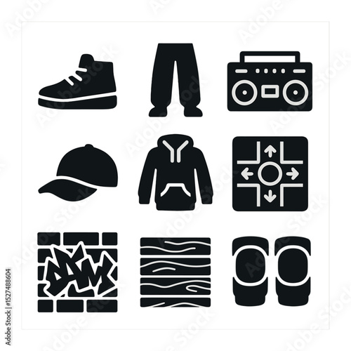 Hip Hop Dance Icons. Solid, filled icons set of hip hop dance setup: high-top sneakers, baggy pants, boombox,