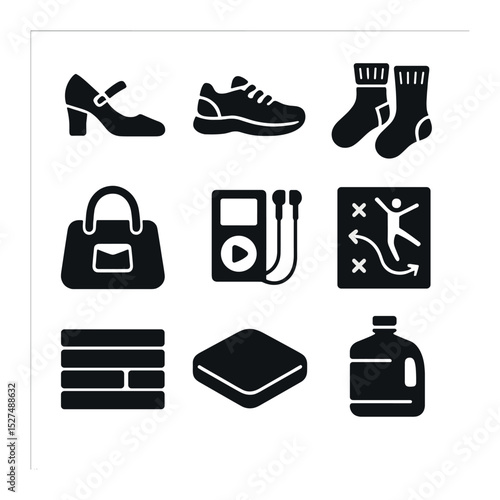 Dance Class Essentials. Solid, filled icons set of dance class essentials: teacher shoes, student sneakers,