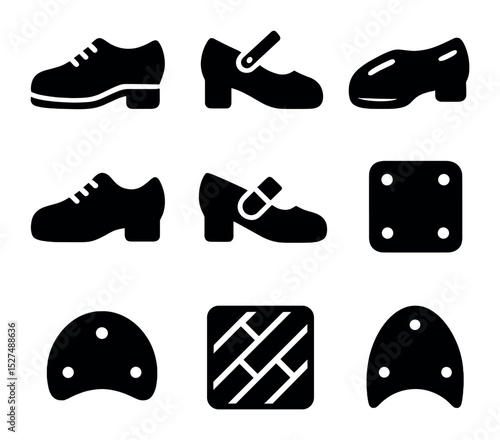 Tap Shoe Icons. Solid, filled icons set of tap shoe designs: oxford tap, mary jane tap, patent leather shoe,